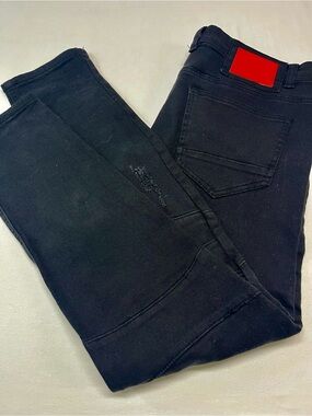 Men's Black distressed Straight Jeans 36x32 stretch, casual missing button 1396